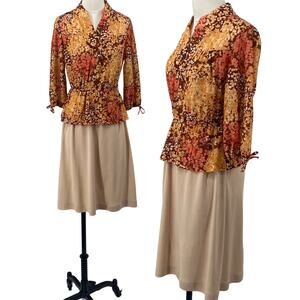 Vintage 70s Floral Print Dress Layered Peplum Bodice Fit & Flare Blouson XS